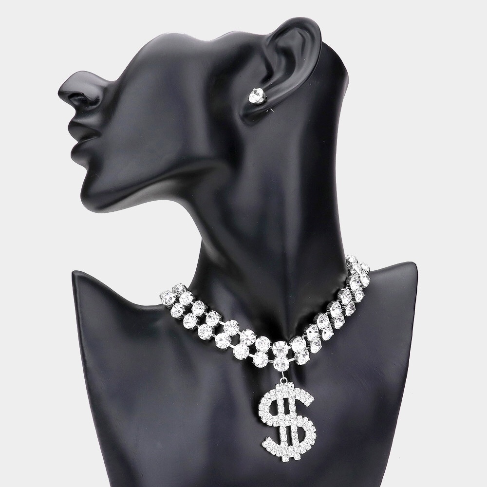 Gorgeous Diamond Dollar Sign Pendant Chain Statement Necklace